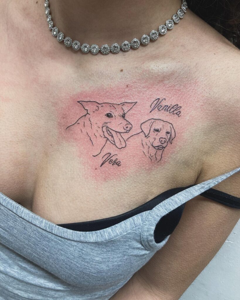 Portrait of Two Dogs with Vera Vanilla Lettering on the Chest: Furry Friends Forever