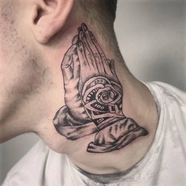 Praying Hands Neck Tattoo 2