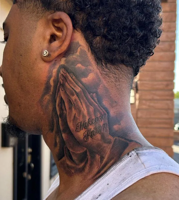 Praying Hands Neck Tattoo 3