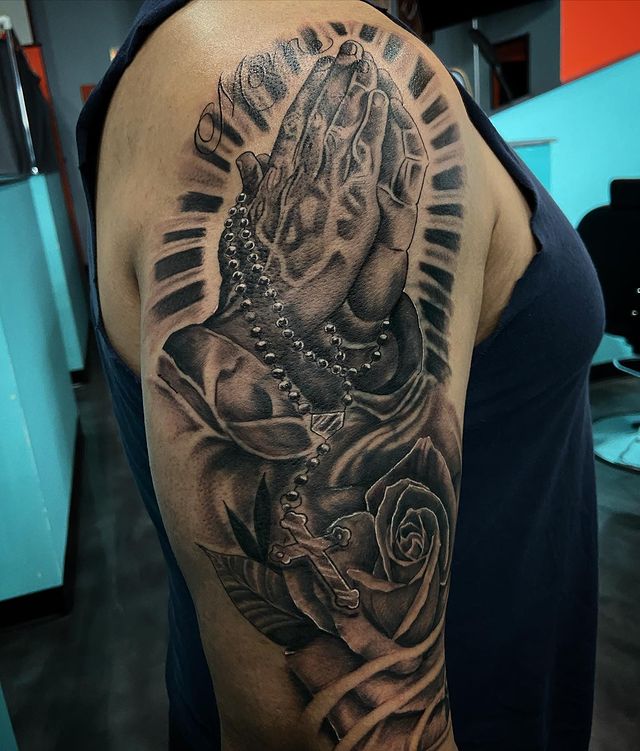 Praying Cross With Rose Tattoo Designs for Biceps