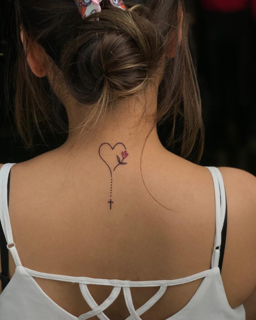 Pretty Cross Heart Tattoo Design Idea on Back for Girls