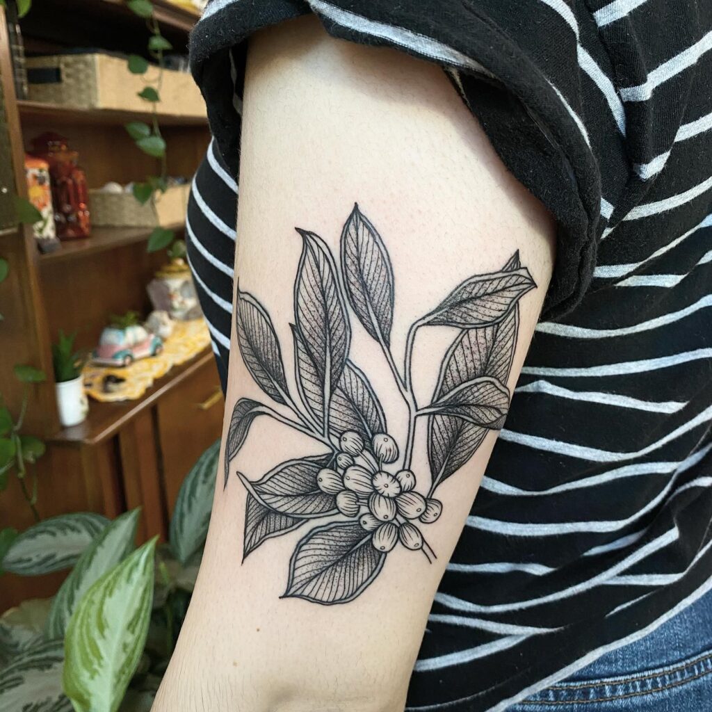 Pretty coffee plant tattoo on upper outer arm for females