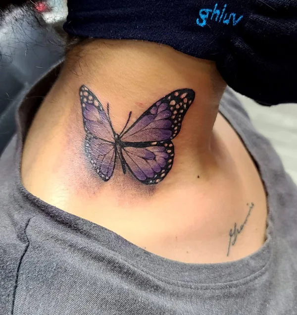 Purple Butterfly Neck Tattoo