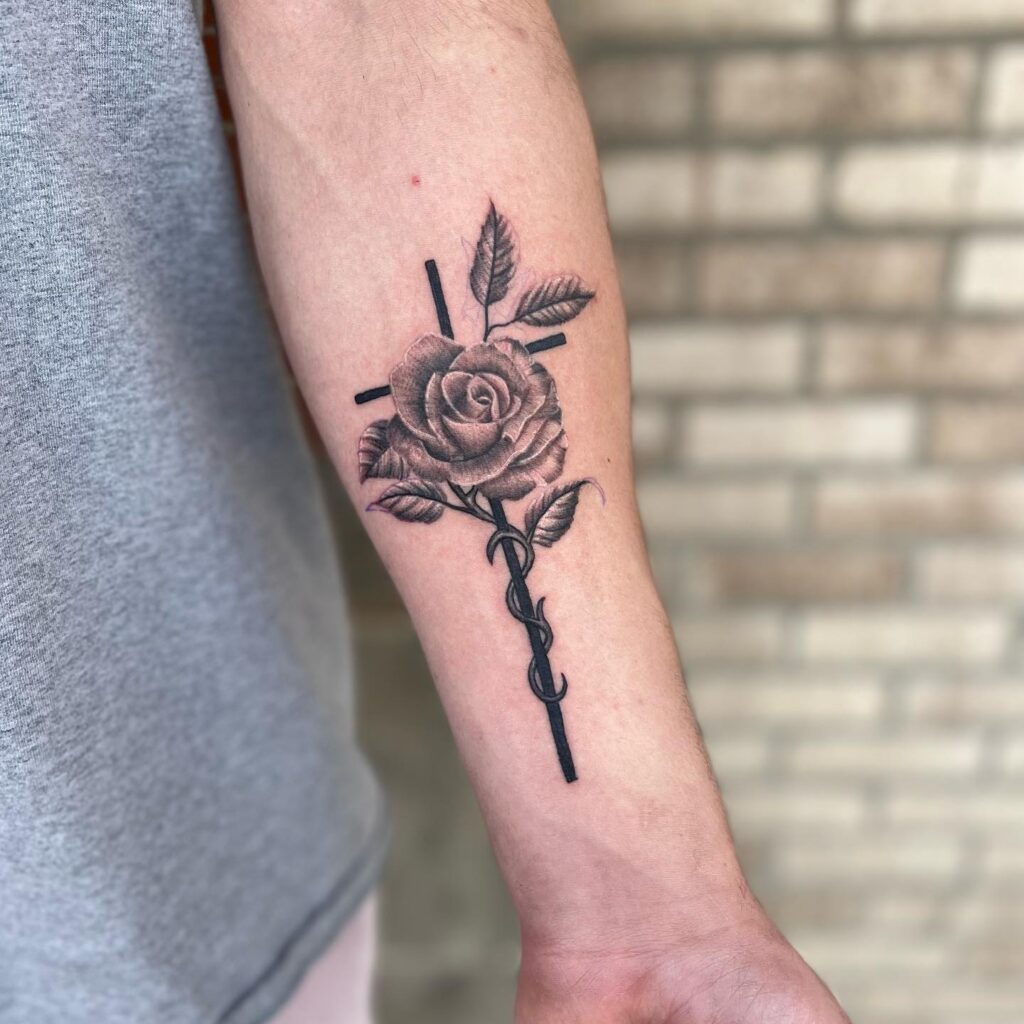 Realism Memorial Cross with Rose Tattoo on the Inner Forearm: Eternal Memory
