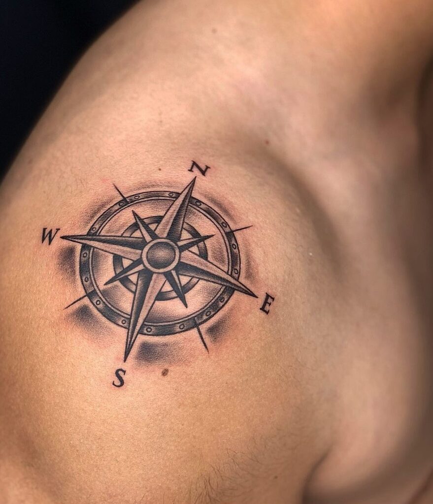 Realistic 3D Compass Tattoo on the Shoulder and Arm for a Bold Statement: 3D Exploration