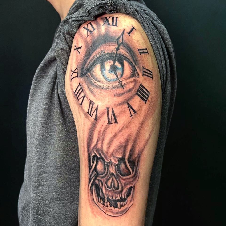 Realistic Eye With Clock Tattoo Design For Men with image