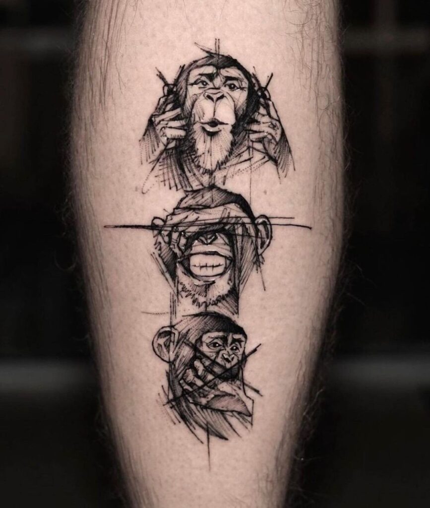 Realistic and funny 3 monkeys sketch tattoo back of the calf