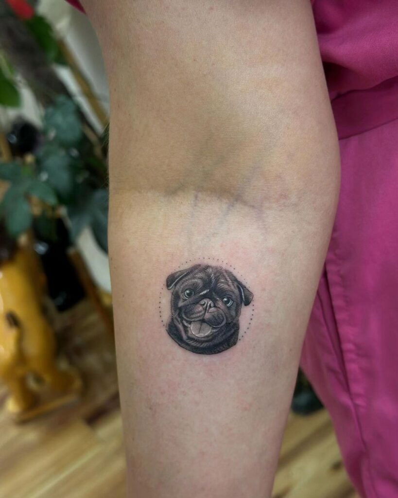 Realistic Black and Grey Pug Dog Face Tattoo Below the Elbow for a Subtle Statement: Pug Perfection