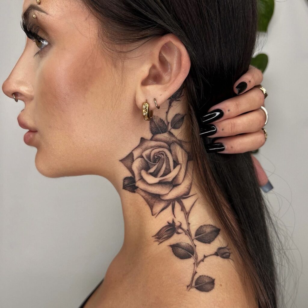 Realistic Black and Grey Rose Tattoo Bold Elegant Neckpiece