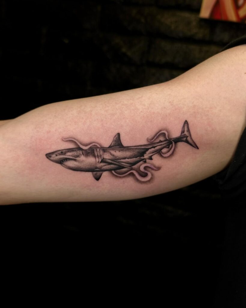 Realistic black and grey shark and octopus battle tattoo on inner bicep symbolizing power and intelligence