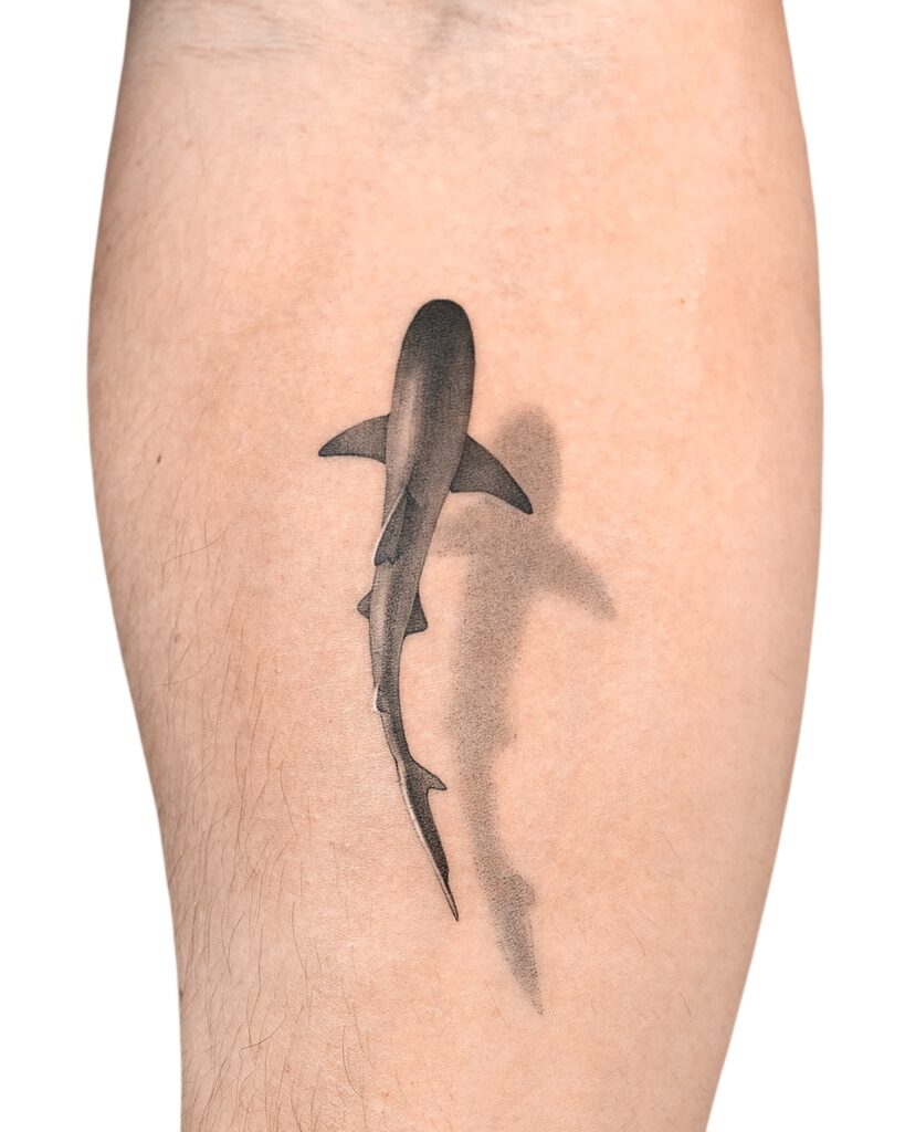 Realistic black and grey shark tattoo with shadow effect on skin