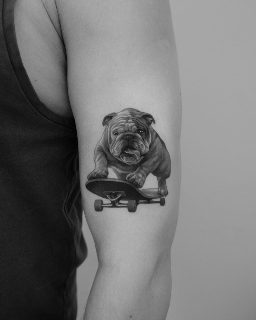 Realistic Bulldog Portrait Tattoo with Skateboard Theme: Skateboard Bulldog