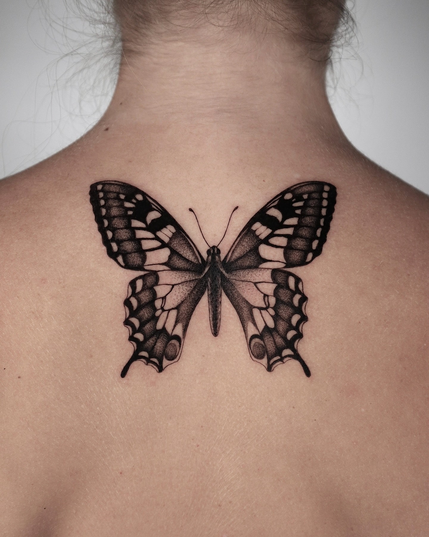 Realistic butterfly tattoo on upper back symbolism and design