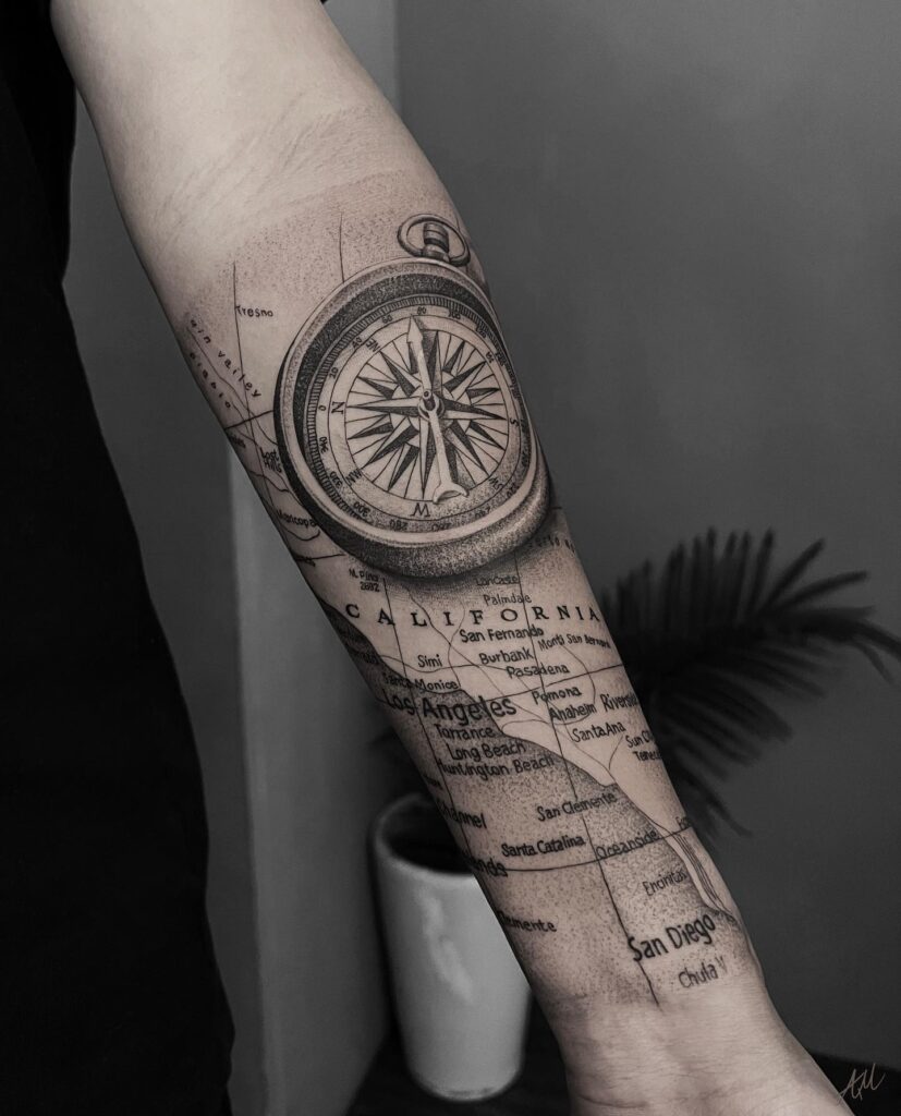 Realistic Compass and Map Fully Covered on the Lower Sleeve Representing Hometown Pride: Homeland Explorer