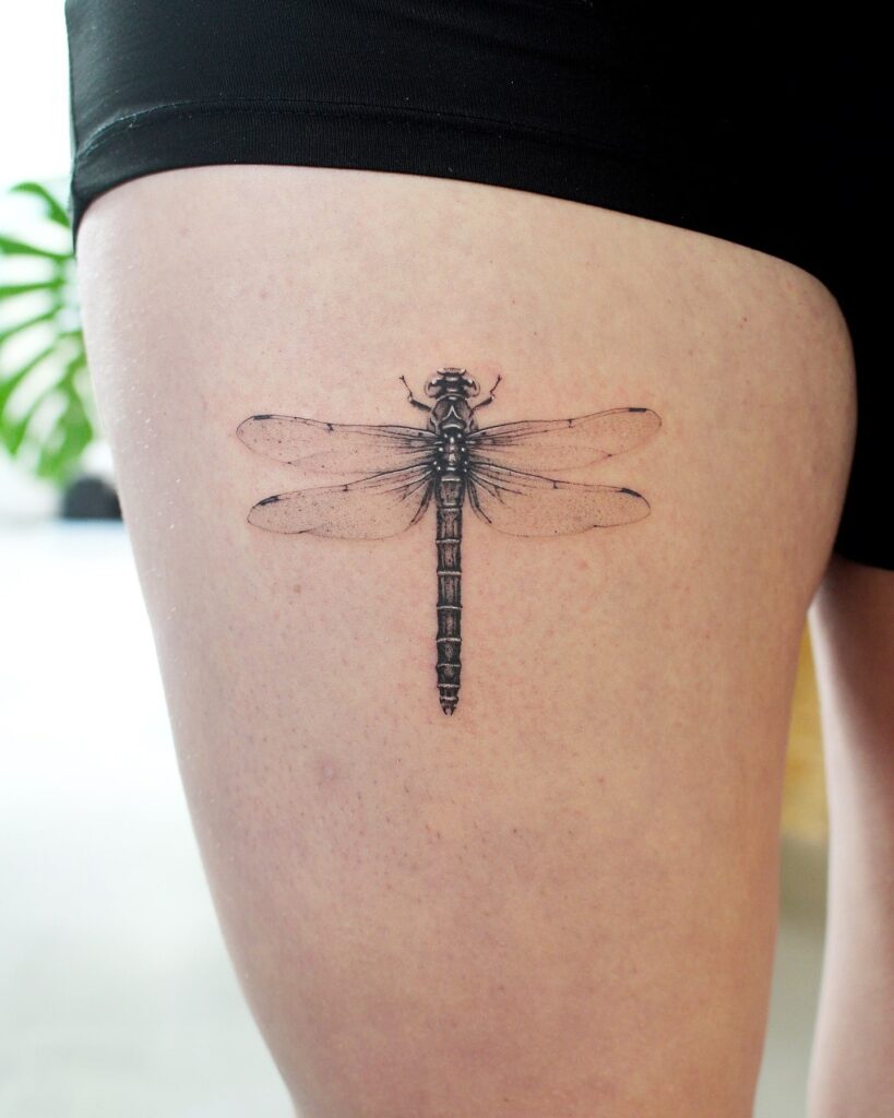 Realistic Dragonfly Tattoo on Thigh with Intricate Wing Detailing
