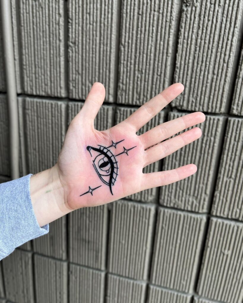 Realistic eye tattoo with north star a unique palm design