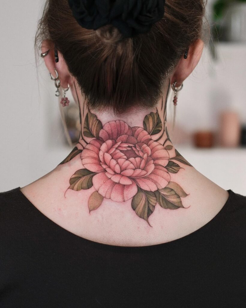 Realistic Floral Neck Tattoo with Pink Petals Elegant Botanical Ink