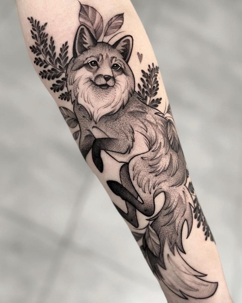 Realistic fox with leaves forearm tattoo nature's portrait inked