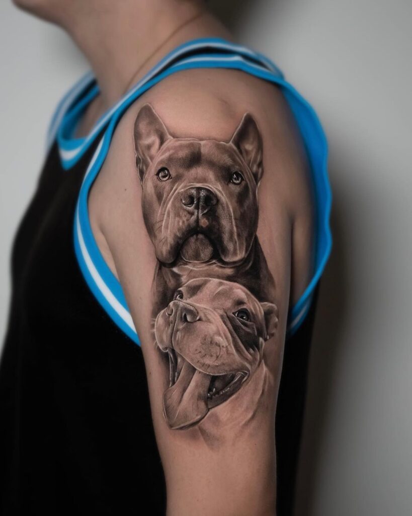 Realistic french bulldog duo on the upper arm double trouble