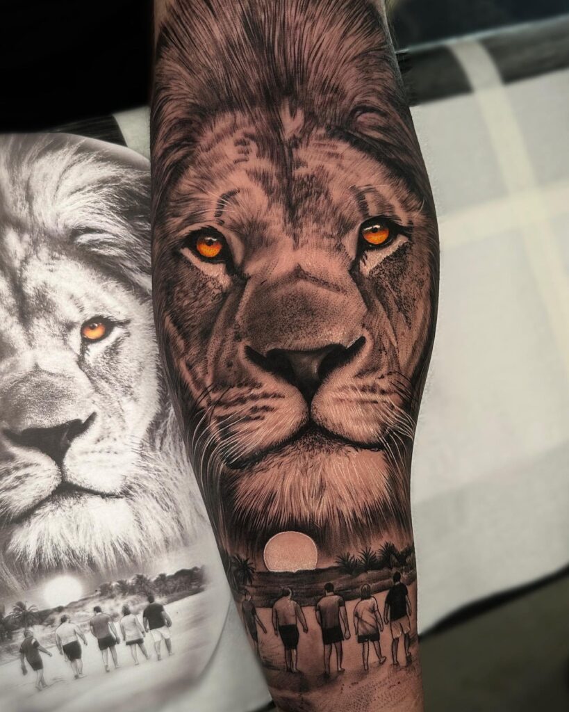 Realistic lion head full sleeve with sunrise and family members on the inner wrist: family tribute sleeve