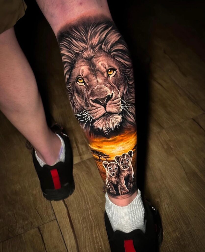 Realistic lion head with two cubs on the fully covered lower left calf : family pride