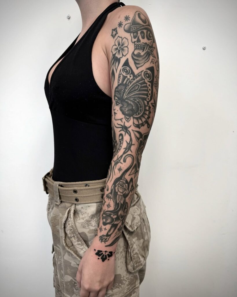 Realistic portrait sleeve tattoo designs for women