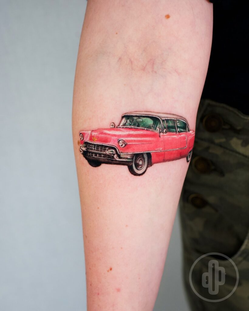 Realistic Red Cadillac Tattoo with Polished Chrome Details on Arm – Car Tattoo Ideas