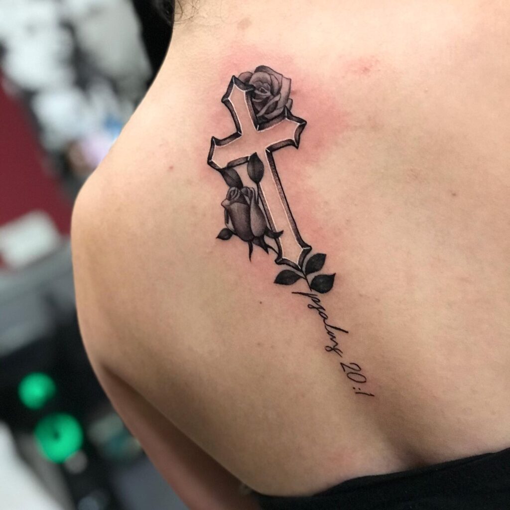 Realistic Roses with Negative Cross, Text Tattoo on the Spine: Spinal Sanctuary