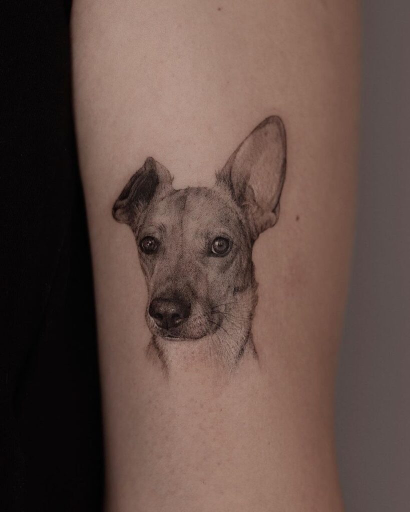 Realistic shaded dog portrait on the upper arm for women canine majesty