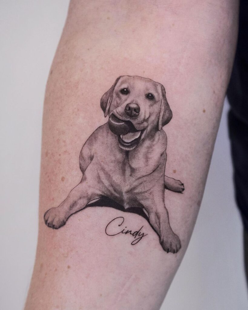 Realistic sitting dog portrait with name tattoo below the elbow cindy's companion