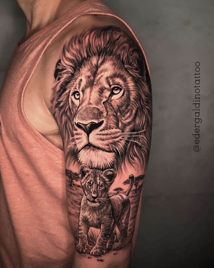 Realistic upper arm half sleeve tattoo, fully covered with a majestic lion and cub, blending a badass lion head with a cute cub face guardian's embrace