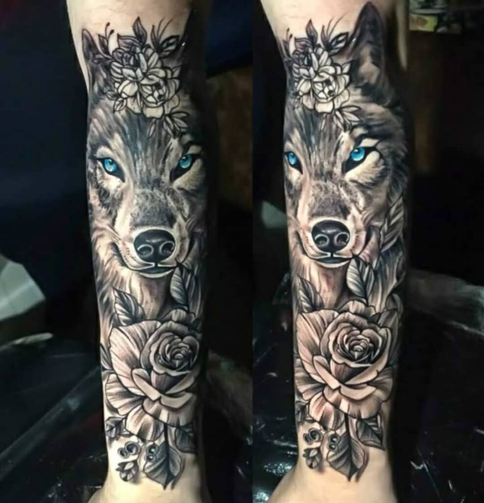Realistic wolf floral tattoo with blue eyes