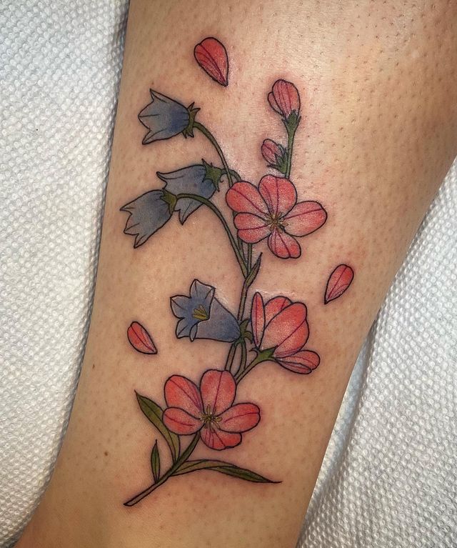 Red And Blue Bluebell Tattoo Design For Forearm