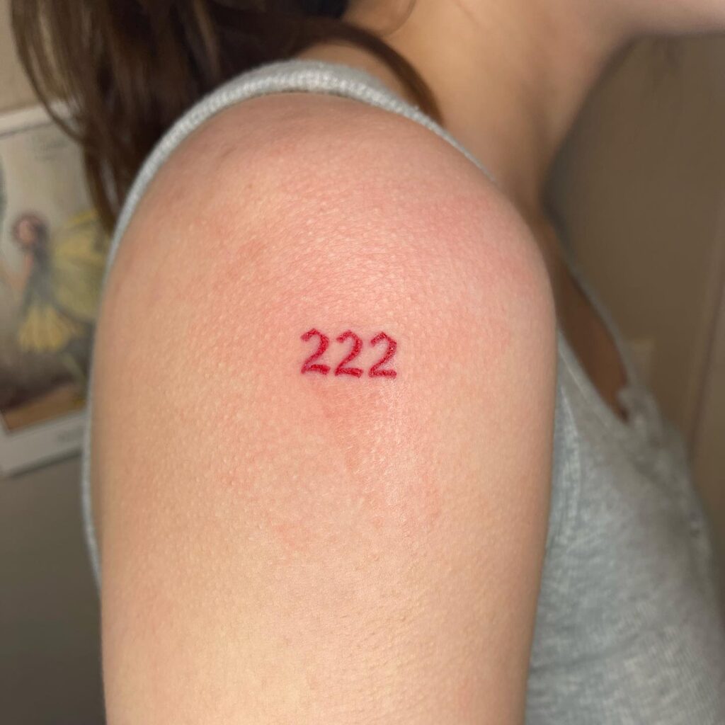 Red Color 222 Upper Arm Tattoo for Women, a Bold and Vibrant Design: Upper Arm Statement 