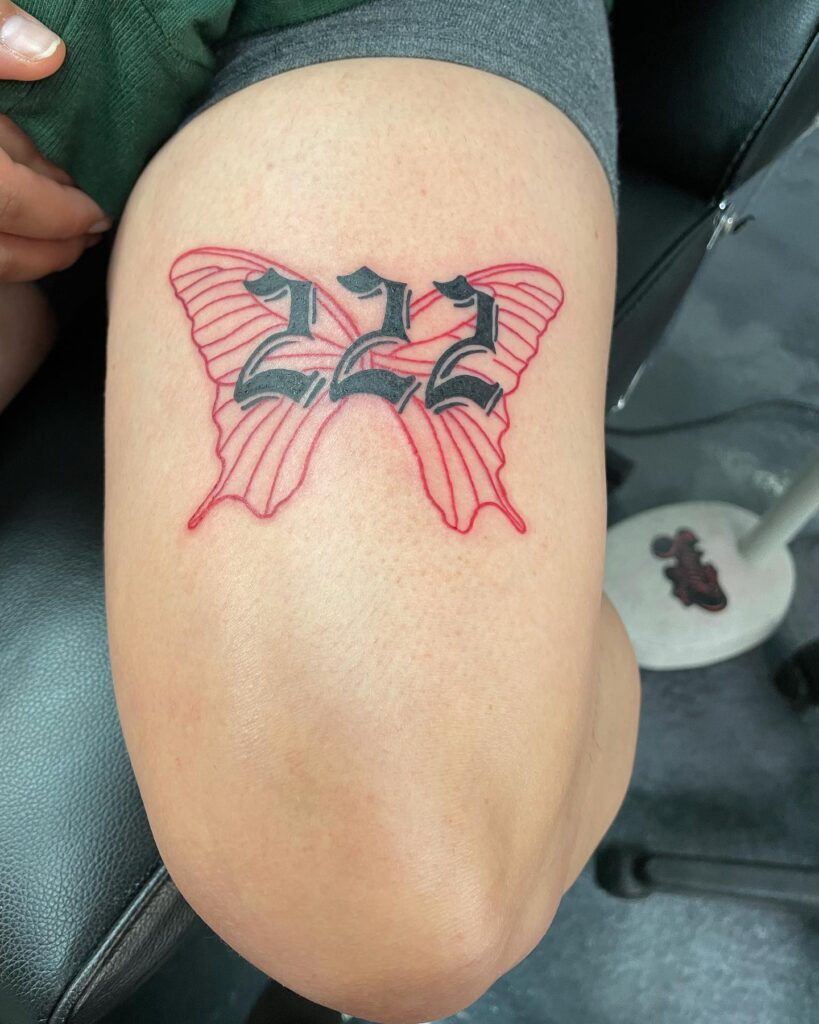 Red Color Fineline Butterfly with 222 Text Tattoo Above in Black Color Tattoo Above the Knee for Women, a Colorful Composition: Knee Canvas 