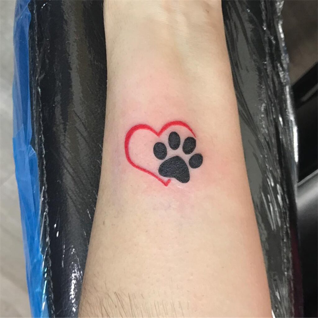 Red Heart Outline with Dog Paw Print Tattoo on the Inner Forearm: Forearm Fidelity