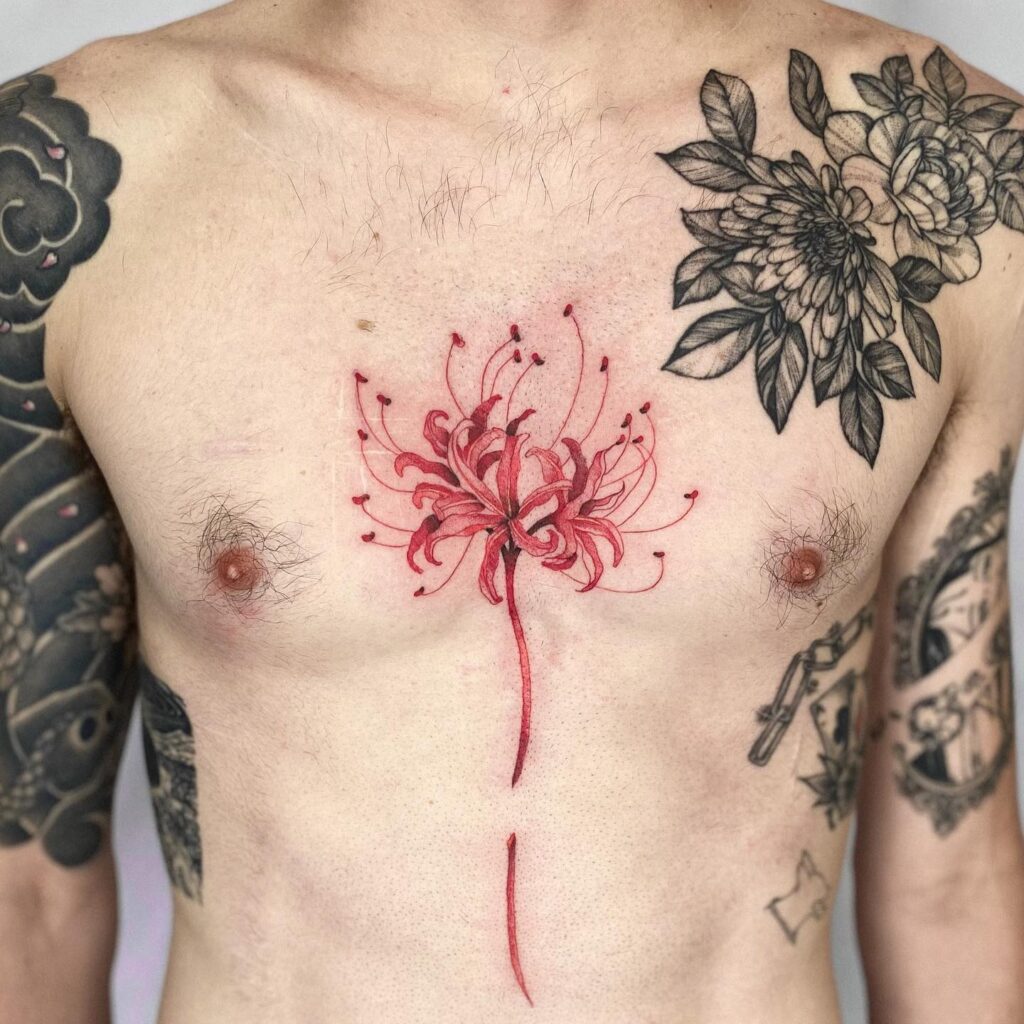 Red spider lily tattoo design for men on chest