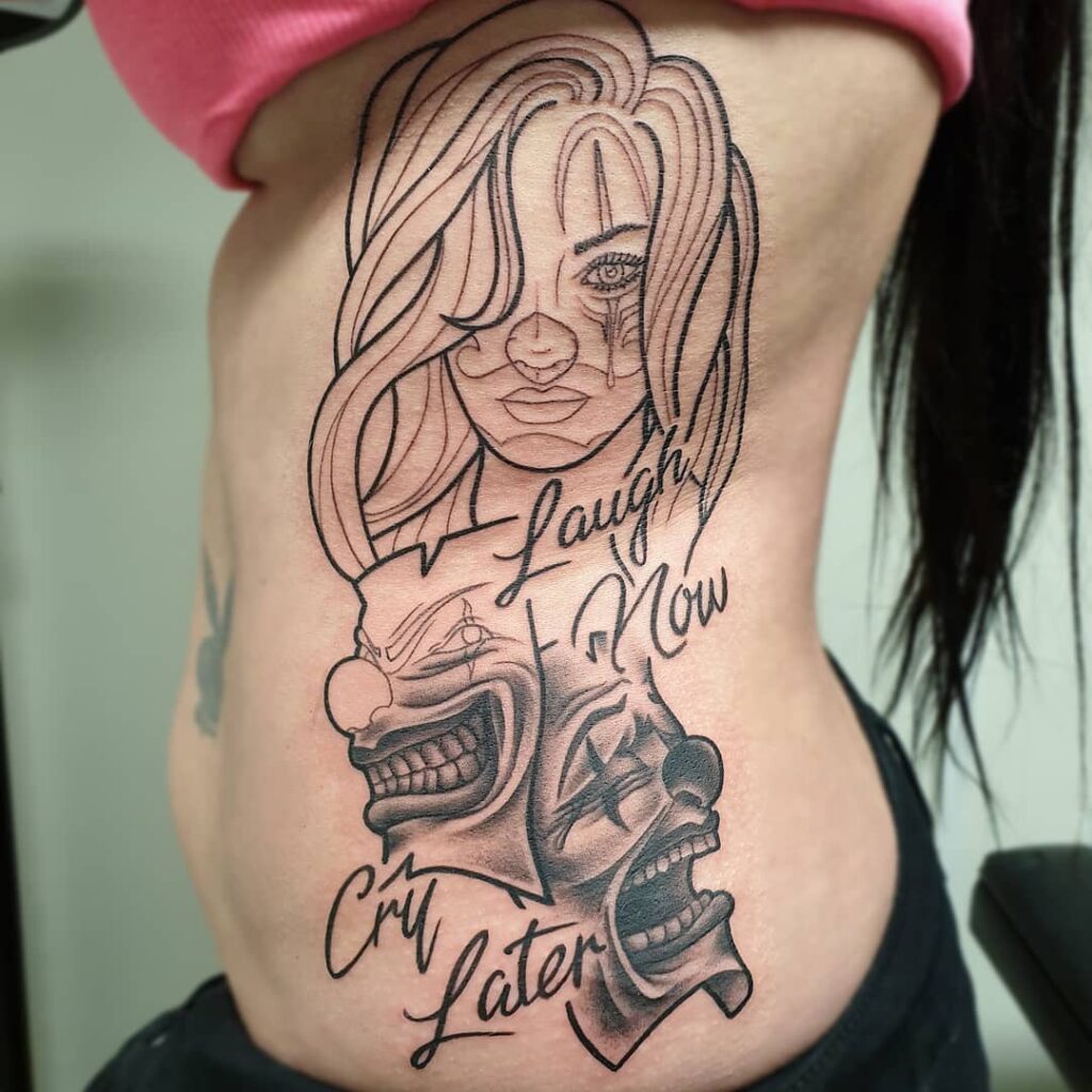 Rib Tattoo Laugh Now Cry Later with Meaningful Text For Girl 