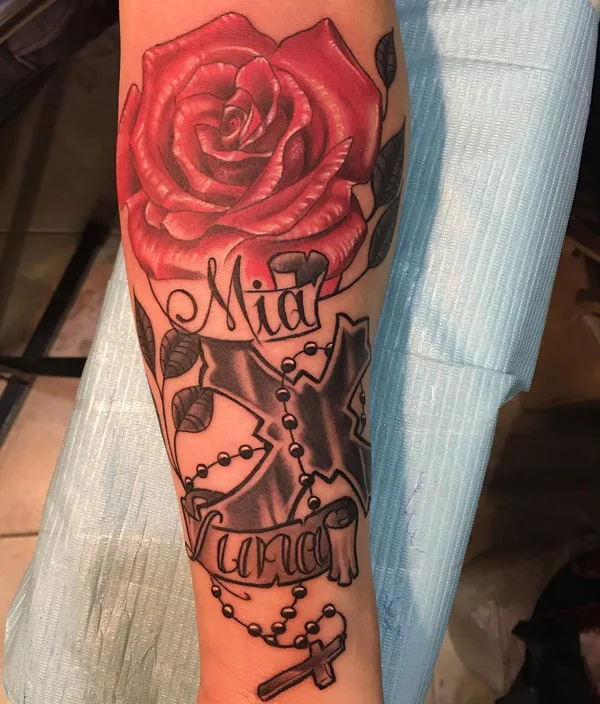 Rose With Rosary Tattoo 1
