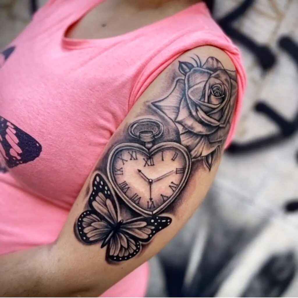 Rose clock and butterfly half sleeve upper arm beauty for women