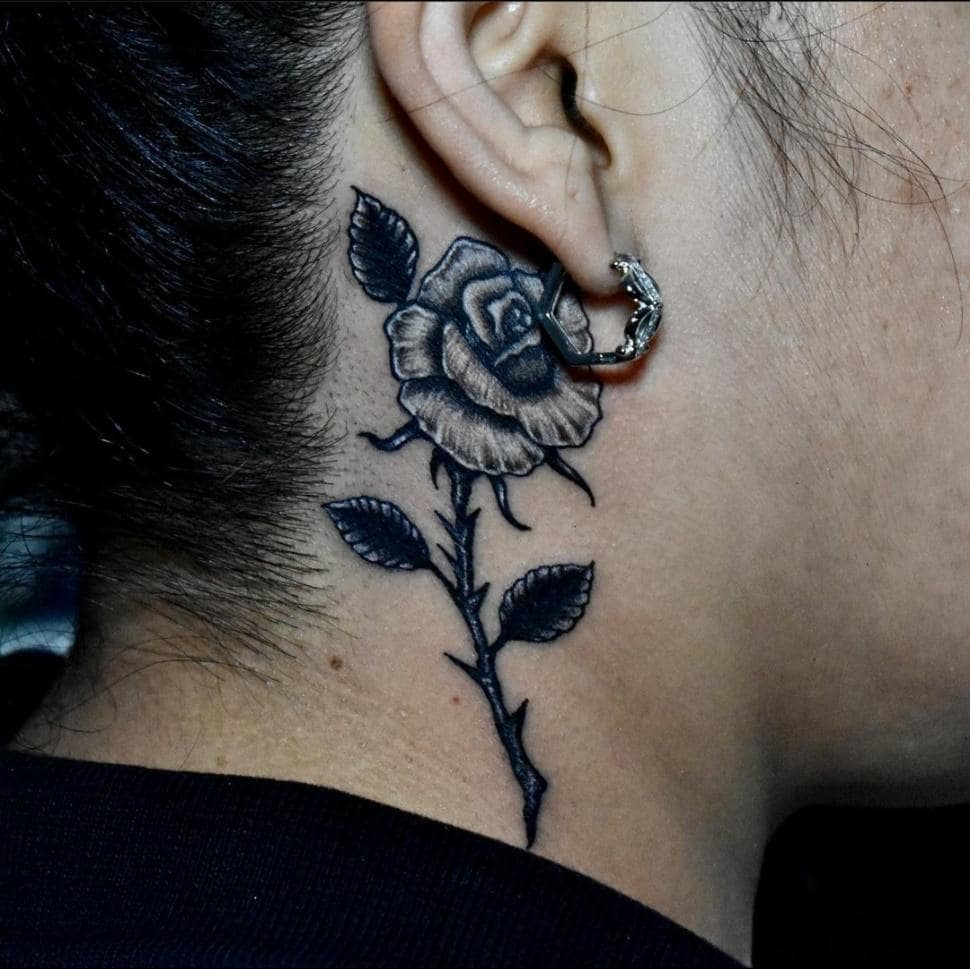 Rose With Thorns Tattoo Designs on the Side of the Neck