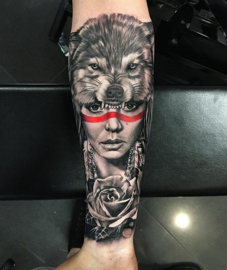 Rose with wolf head gypsy girl tattoo design floral canine fusion