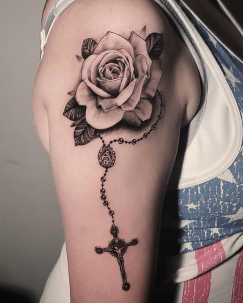 Roses With Cross Chain Shaded Tattoos For Women