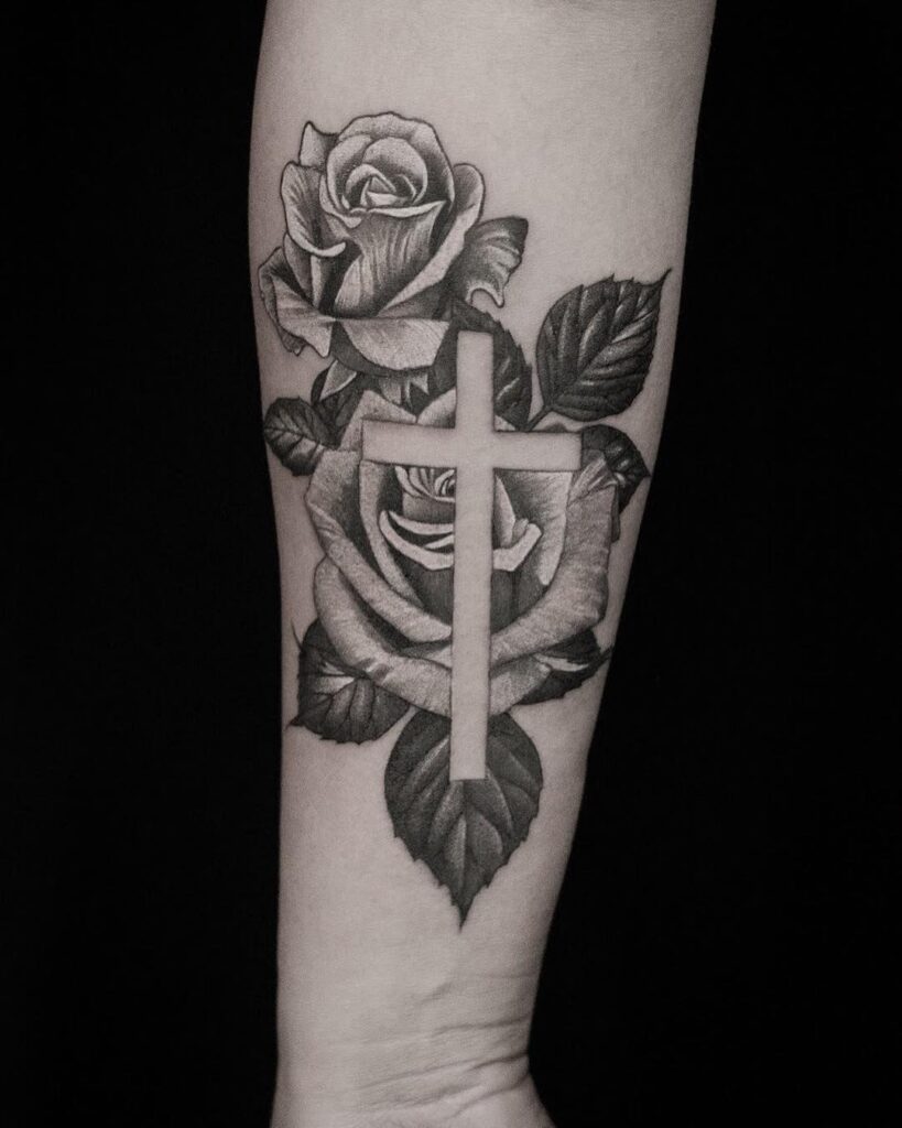 Roses with a Negative Space Cross, a Delicate Symbol: Inner Forearm Grace