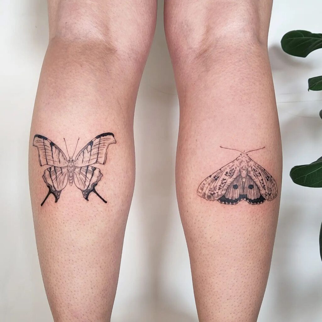Ruddy Daggerwing Butterfly and Dot-Underwing Moth Tattoo on the Calf: Winged Wonders 