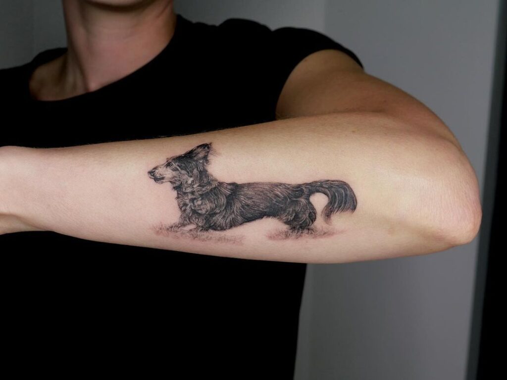 Running dachshund dog tattoo on the outer forearm dachshund dash
