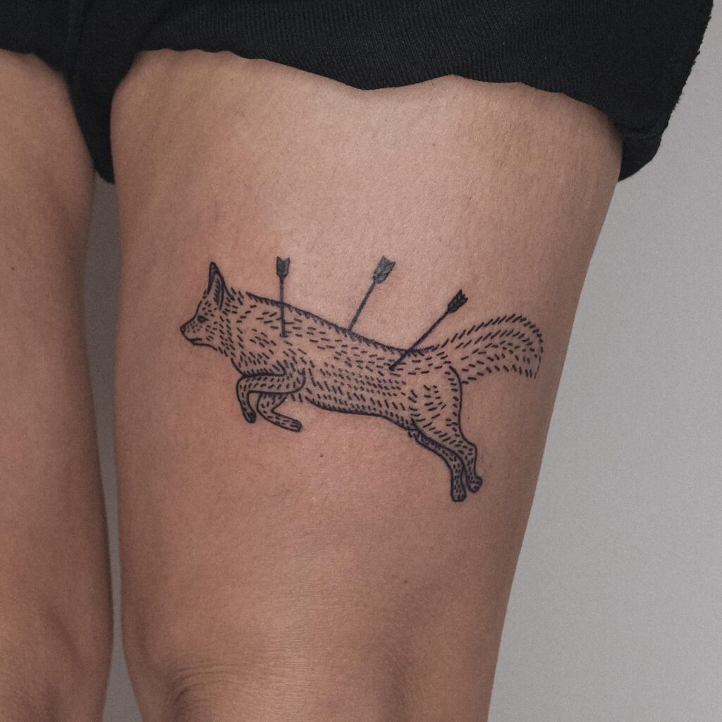 Running Fox Side View Tattoo on the Thigh, Capturing Movement: Arrow Struck