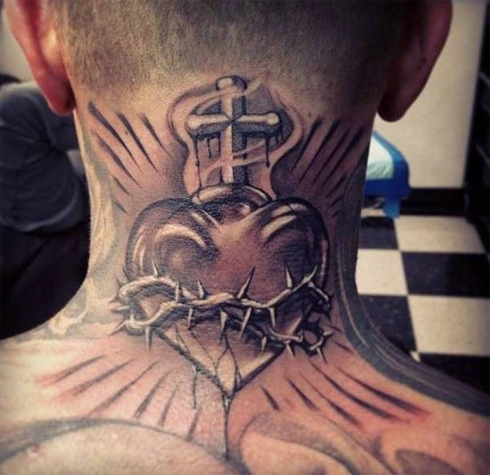 Sacred heart tattoo on neck