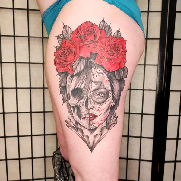 Santa muerte thigh tattoo