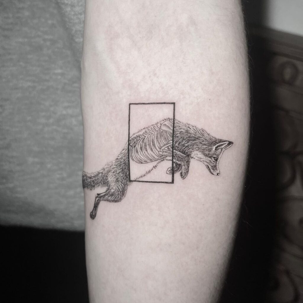 Scientific fox skeleton jumping tattoo minimalistic and intriguing ink
